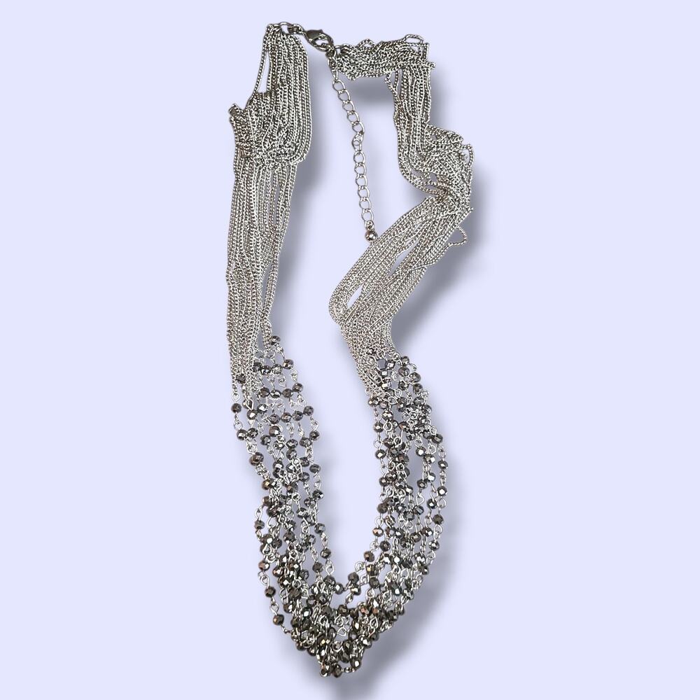 Silver Tone Multi Strand‎ Chain & Crystal Bead Sparkly Statement Necklace